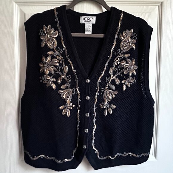 Vintage 90s Koret Petites Large Navy Blue Knit Sweater Vest w Floral Embroidery - Picture 2 of 8